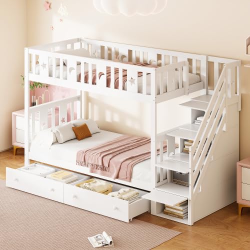 Etagenbett Kinderbett 90x200 cm, Kinderbett Hochbett mit 2 Stauraum Schubladen und Treppe Stauraum, Kinderbetten Funktionsbett Etagenbett Stockbett Kinderhochbett Jugendhochbett fur 2 Kinder, Weiß