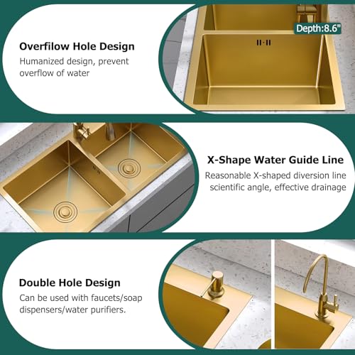 Fregadero de doble lavabo dorado 80 cm acero inoxidable para cocina con tapón de drenaje 5