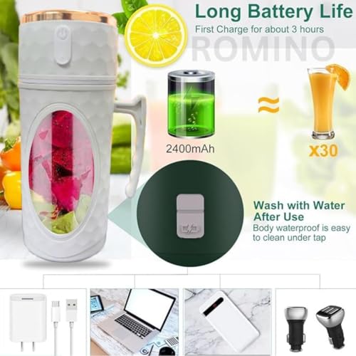 Image of HIC Kitchen Portable Juicer Blender for Smoothies & Juices, USB Rechargeable Mini Blender Bottle with 1500mAh Battery, 6 Stainless Steel Blades Personal Smoothie Mixer Grinder for Travel Gym Office