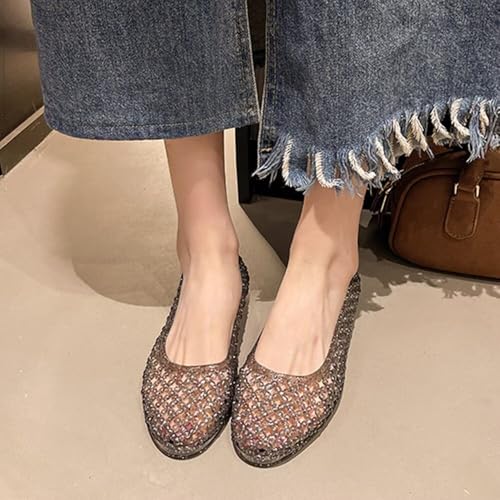 Image of Stunner Women Beach Jelly Shoes Slip On Crystal Summer Hollow Ballet Flats | Summer Cool PVC Breathable Outdoor Indoor Dressy Flat Sandals for Holiday Shopping Spa Swimming Pool