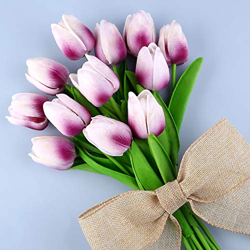 Elcoho 12 Pack Artificial Tulips Flowers Fake Tulips Bouquet Real Touch PU Tulips Arrangement Home Wedding Floral Decor