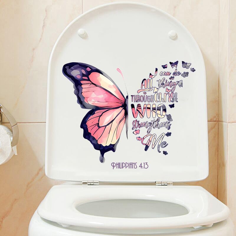 Flowers and Butterfly Letter Toilet Cover Sticker Decals,Spring Flower Leaf Waterproof Toilet Lid Tank Seat Decals Cistern Self-Adhesive Bathroom Wall Sticker