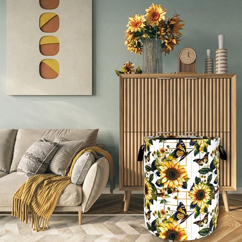 Image of Sunflower Butterfly Laundry Basket Oxford Cloth Hamper 18.9x16.5 Inch | Foldable With Handle Tote Bag Floral Laundry Hamper Clothes Storage Bucket Toy Organizer For Bathroom /Laundry /Bedroom