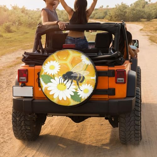 Image of Delerain Spare Tire Cover Honeycomb Bee Daisies Wheel Covers Waterproof Dust-Proof UV Sun Universal Fit for Jeep Trailer RV SUV Truck and Many Vehicle (17 Inch for Diameter 31 inch-33 inch)