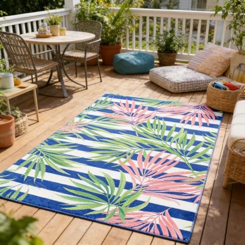 Vexyora Tropical Boho Green Coral Leaf Outdoor Rugs 10x12 Navy