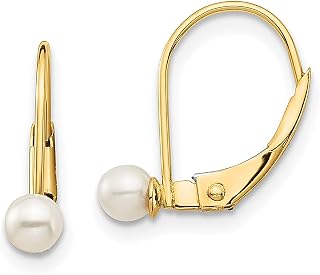 Brincos de ouro amarelo 14 k 4 mm branco redondo com pérola cultivada em água doce fecho de alavanca traseira pendente joias finas para mulheres presentes para ela, Pérola, Pérola