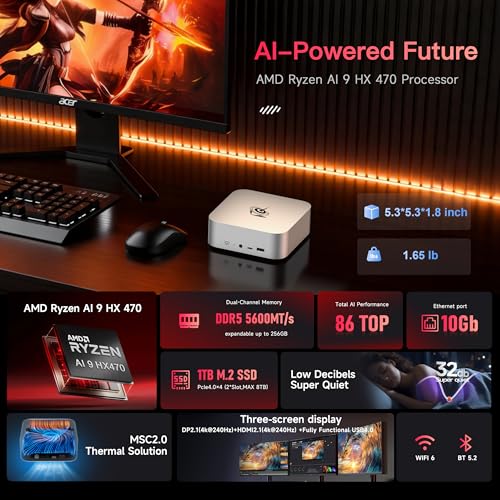 Image of Beelink SER10 MAX Mini PC, AMD Ryzen AI 9 HX 470(12C /24T,Up to 5.2GHz), AMD Radeon 890M Graphics, 32GB DDR5 1TB SSD, 10G LAN /USB4.0 /4K 240Hz Triple Display /WiFi6,BT5.2,Home /Office mini Computer