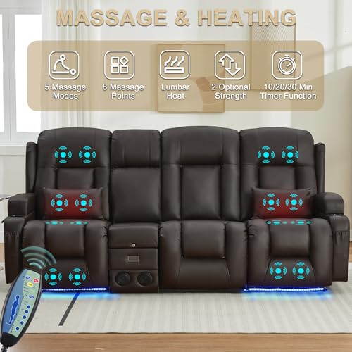 Image of URRED Power Loveseat Recliner Sofa with Massage and Heat, Wall Hugger Reclining Loveseat with Console, RV Couch Home Theater Seating with LED Lights for Living Room (Dark Brown, 89.8 inch - 3 Seats)