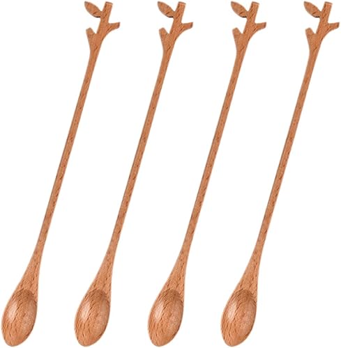 UPKOCH Juego de 4 cucharas agitadoras de ramas de madera, cucharas de té helado para café, expreso, diseño delicado, fácil de esencial