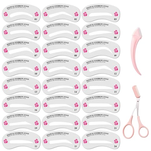 OUDQFCJ 24 Set Timbro Per Sopracciglia,Kit Per Modellare Per Sopracciglia,Eyebrow Powder,Di Stencil Per Sopracciglia Riutilizzabili con set per sopracciglia da 2 pezzi,Sopracciglia Impermeabile