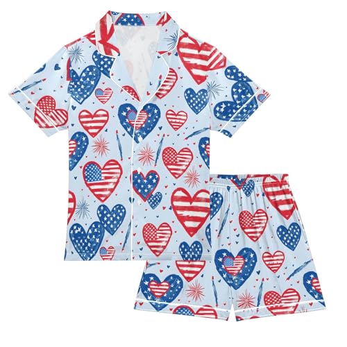 American Flag Love Pajamas Set Summer Button Down Sleepwear Pjs Sets Comfy Loungewear