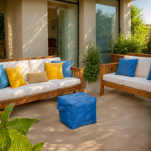 Image of QILLOWAY Inflatable Outdoor Ottoman for Patio, Water Resistant Pouf Cube 16 inch, Inflatable Foot Rest, Outdoor Footstool for Poolside, Garden,Camping, Navy Blue