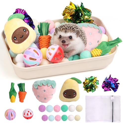 fooind Hedgehog Accessories, Dig-Box Tray for Hedgehog Cage with Ball Toy, Small Animal Accessories Funny Dig-Box Tray Toys for Hedgehogs, Ball Bell Toy for Ferret Kitten Cat Hamster (Colorful)
