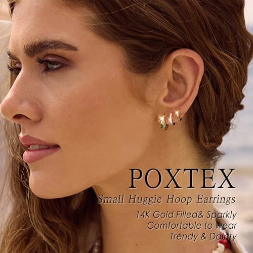 Poxtex Small 14K Gold Plated Huggie Hoop Earrings Set for Women, Hypoallergenic Trendy Hoops Stacks for Multiple Piercings, Dainty Cute Mini Lightweight Cartilage Helix Jewelry Gift Sensitive Ears - 1