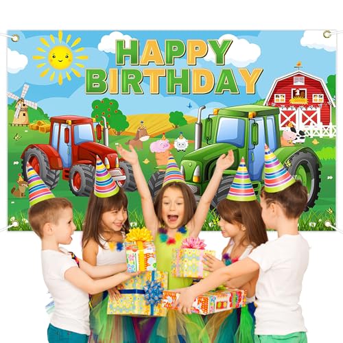 Avezano Farm Happy Birthday Backdrop Decoration for Kids Green Grass Farm Tractor Birthday Party Farm Animals Theme Banner 70.8 x 43.3 Inch