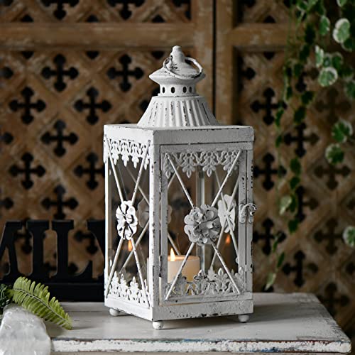 Rustic White Candle Lanterns Decorative 15" Tall, Vintage Metal Wedding Lanterns For Table Centerpiece, Antique Hurricane Candle Holder Glass For Pillar Led Living Room Bedroom Halloween Christmas #TOP4