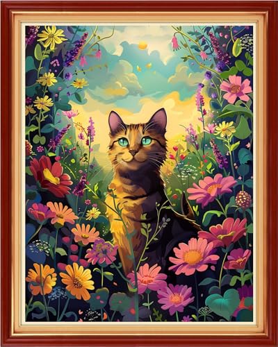 Image of Foxhool Stamped Cross Stitch Kits,11CT Printed Cross Stitch Pattern Full Embroidery Kits for Beginner Needlepoint Kits-Flower Cat 16x20 inch