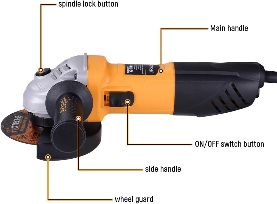 Hoteche 650W Angle Grinder, 115mm Grinder with 11000rpm, Yellow, Color Box Packaging