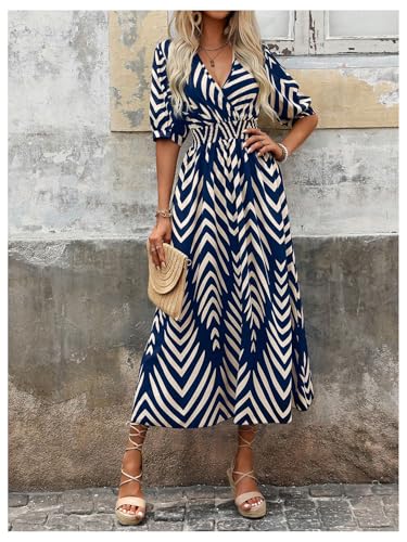 SweatyRocks Women's Summer Half Sleeve Wrap V Neck Smocked A Line Midi Dress3