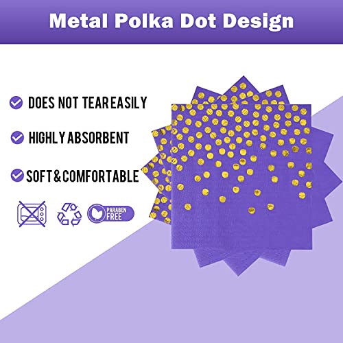 Cenlbj Purple And Gold Paper Plates And Napkins Party Supplies-25X 9" Gold Dot Paper Plates & 25X 6.5 Napkins-Suitable For Birthdays,Graduation,Mardi Gras,Bridal Parties,Carnival(50Pcs) #TOP3