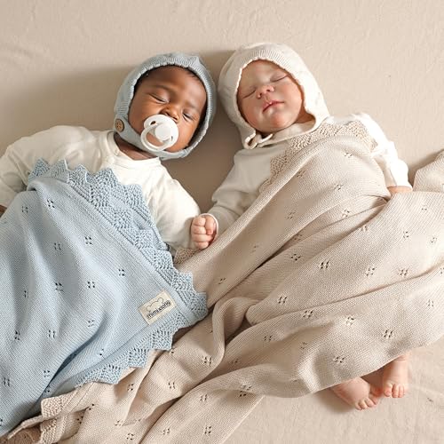 Image of mimixiong Cotton Baby Blanket Knitted Crochet Receiving Crib Nursery Swaddling Blankets for Newborn Baby Boy Girl 30x40 Inch (Oatmeal)