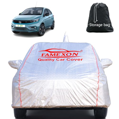 Image of Full Body Car Cover for Tata Tiago EV with Mirror and Antena Pocket Triple Stiched(Silver with Red Piping)