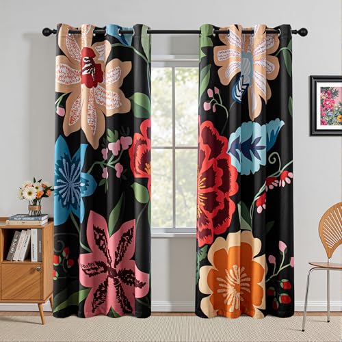Image of MYSKY HOME Black Boho Floral Blackout Curtains 84 inch Length 2 Panels Set for Living Room Thermal Insulated Privacy Protect Black Out Flower Patterned Grommet Drape for Bedroom Dining Room, 52 inch x 84 inch
