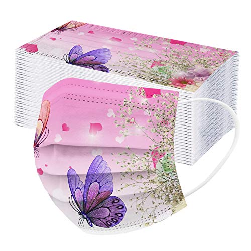 50Pack Face Masks for Women Butterfly Leaf Floral Print Covering Skin Care Disposable Breathable 3 Ply Filter Adult