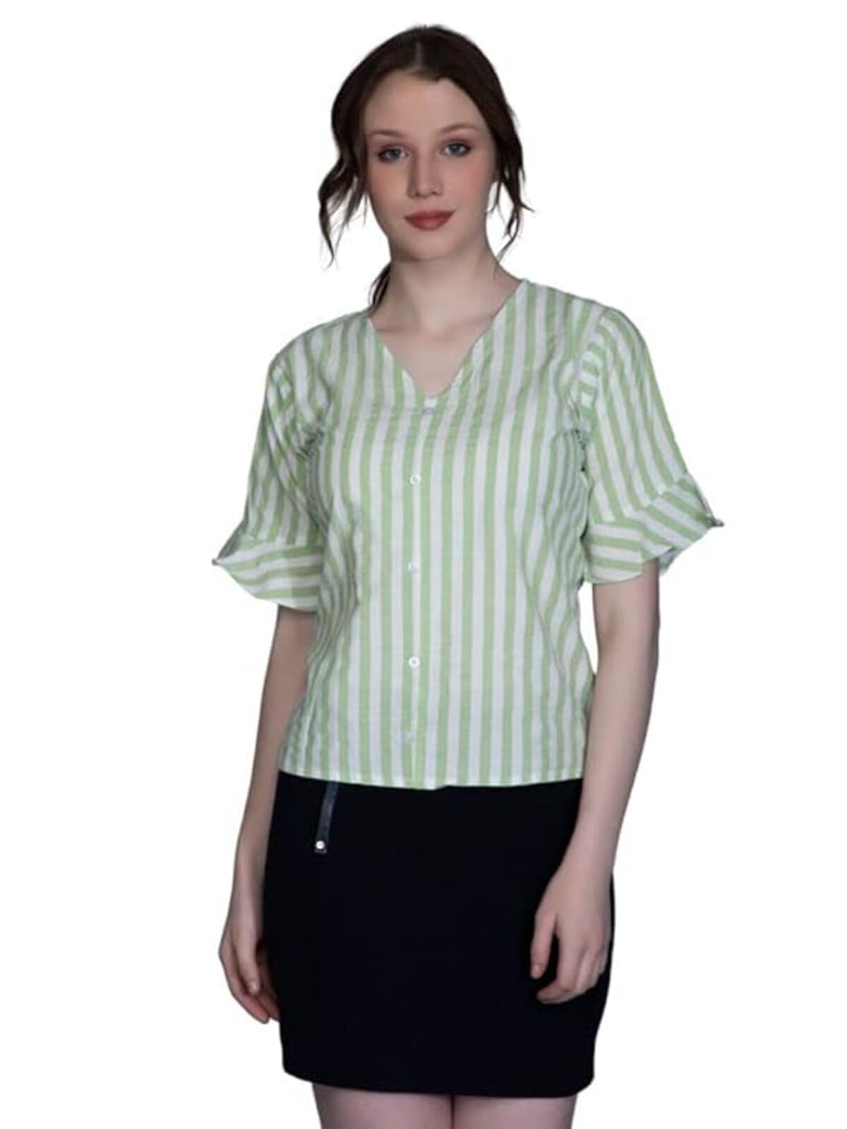leriya fashion Women's Western Striped V-Neck Tops | Ruffle Sleeves | Comfortable Cotton Printed Button Down Tops for Casual | Office | Travelling | Shopping Wear for Girls-picture-31