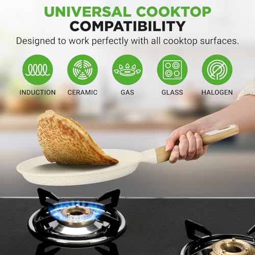NutriChef 9.45” Non-Stick Crepe Pan with Wooden Spreader, Durable Marble Coated Dosa Pan, Bakelite Handle and Induction Bottom, PFOA/PFOS Free, Dishwasher Safe, Even Heat Distribution (White Cream) by NutriChef - Used condition - Image 5