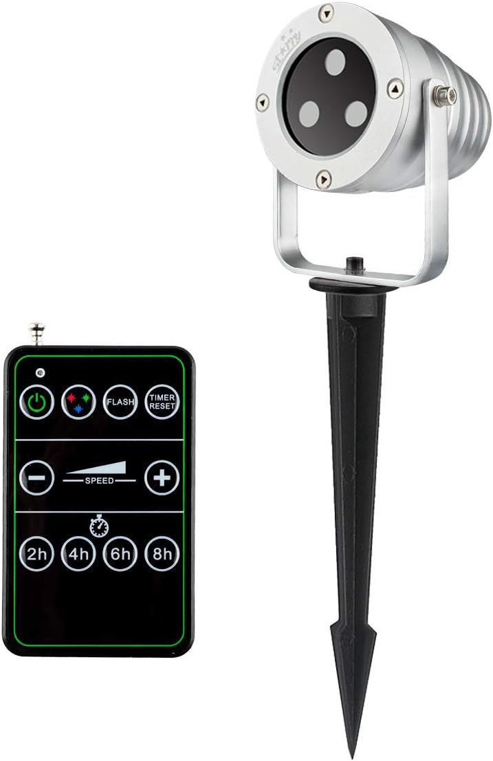 Starry laser projector unit with ground stake and remote control.