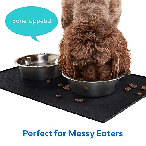 MIGHTY MONKEY Premium Silicone Pet Feeding Mat, Waterproof Pets Placemat, Raised Edges, Paw Print Patterned Food Tray Mats, Dishwasher Safe, Prevent Food and Water Bowl Spills on Floor, 18x12, Black - Thumbnail 5