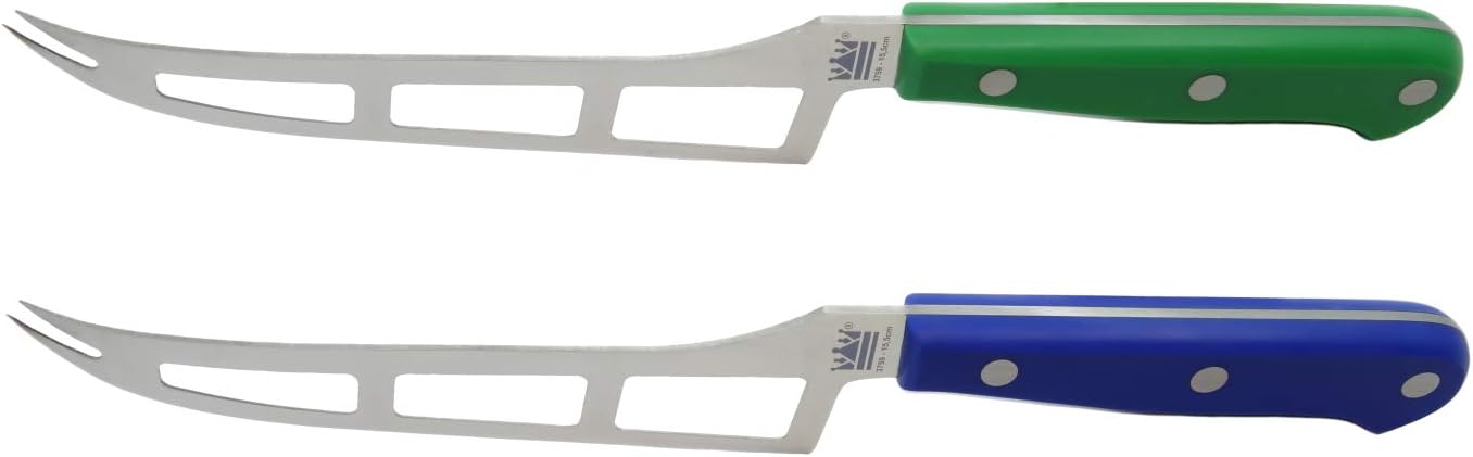 M&G 6-1/8" French Cheese Knife - Blue & Green Handles - Regular Box - Set of 2 - Designed and Made in Europe