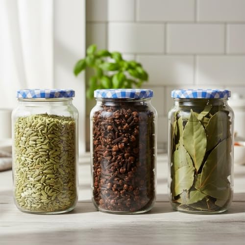Image of ginoya brothers - Kitchen Glass Jar (3, 1000 ML JAR BLUE CHEX LID)