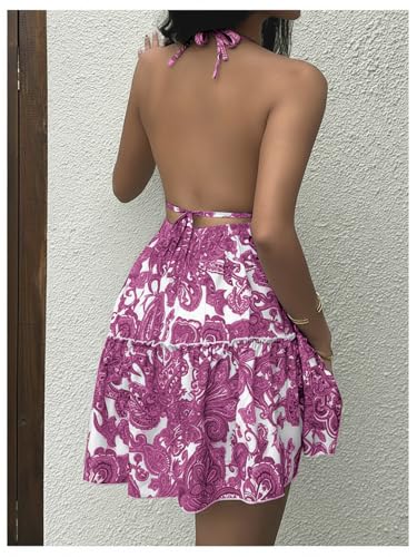 Image of SOLY HUX Women's Summer Boho Paisley Print Halter Dress Deep V Neck Tie Backless Sleeveless Mini Dresses Sundress