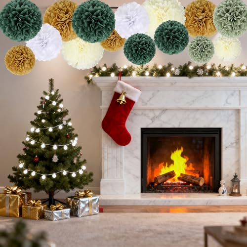 Image of BestoFun 16 PCS Sage Green Party Decorations Tissue Paper Flowers Christmas Party Decors Hanging Pom Poms Decorations for Xmas New Year Winter Holiday Decorations