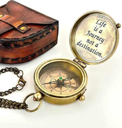 Brújula Vintage de Latón con Estuche de Cuero, Cita Grabada 'La Vida es un Viaje, no un Destino', Collar con Cadena, Regalo Inspirador miniatura 4
