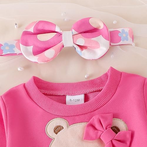 Image of Baby Girl Clothes Fall Winter Long Sleeve Bear Cartoon Sweatshirt Flare Pants Bow Headband Set 6 Months-4 Years Old