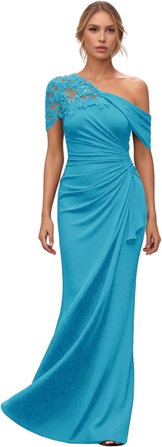 Mother of The Bride Dress Chiffon Lace Applique Mermaid Formal Wedding Guest Dress with One Shoulder