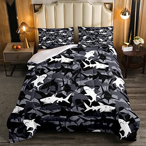 Erosebridal Boys Camo Sharks Bedding Set Twin,Kids Black White Grey Shark Comforter Set Camouflage Deep Ocean Animal Down Comforter,Sea Marine Life Quilt Duvet Set Soft Lightweight for All Season