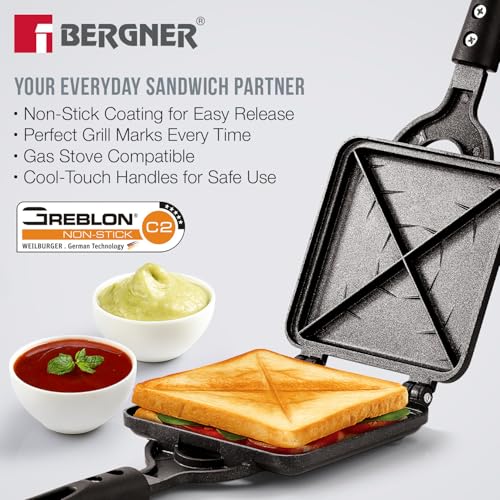 Image of Bergner Senator Sandwich Toaster, Non-Stick, PFOA Free, Design for Perfect Sealing, Sturdy Handles, Even Heating Grill /Toast Sandwiches in Minutes, Cast Aluminium, Gas Stove Compatible