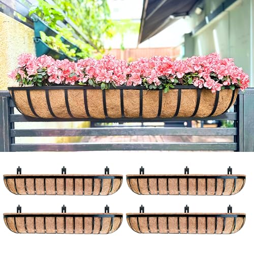Image of LaLaGreen Planter Boxes Outdoor (48 Inch, 4 Pack) Long Rectangular Deck Railings Flower Box with Coco Liner, Black Metal Balcony Bracket Hanging Planters for Plants Over Rails Fence Patio Porch Decor