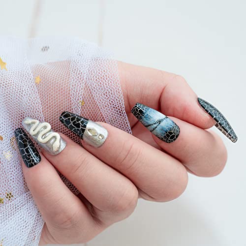 Sun&Beam Nails Handmade Press On Nail Coffin Ballerina 3D Snake Black Acrylic Fake Tip Design Art Charms Cute with Storage Box 10 Pcs (L) - Image 3
