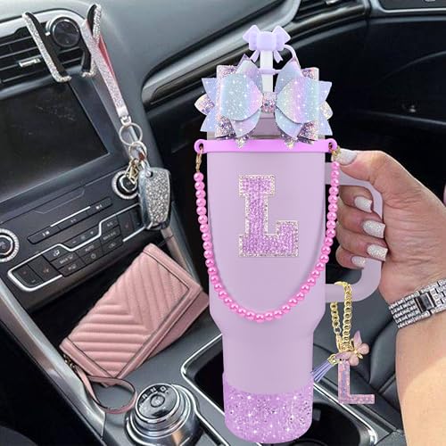 Hpebl 9PCS Purple for Stanley Cup Accessories Set Bling Initials Bow Charms for Stanley Decorations 30/40 Oz Tumbler Accessories Including Bow Straw Topper, Handle Strap, Spill Stopper(Letter L) - image 6