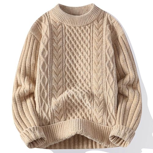 Mens Cable Knit Chunky Sweater, Long Sleeve Drop Shoulder Crewneck Casual Pullover Tops Fall Winter Warm Sweaters