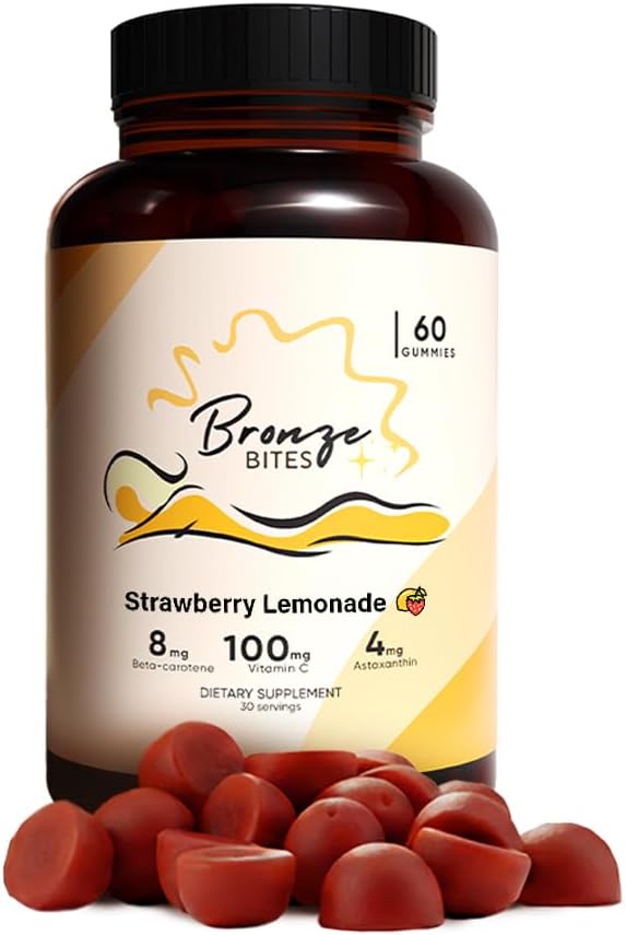 Organic Tanning Gummies for Glowing Skin, Astaxanthin & Beta-Carotene Complex for Supports Hydration, Strawberry Lemonade 60 Count, Made in USA