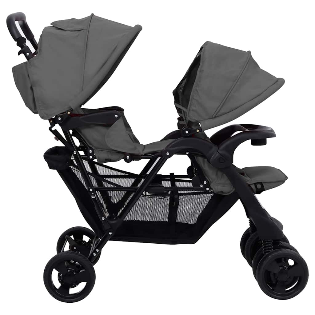 Genérico Carrito para Gemelos Tandem de Acero Gris Oscuro,Bebés y niños pequeños,Transporte de bebés,Cochecitos de bebé,10348