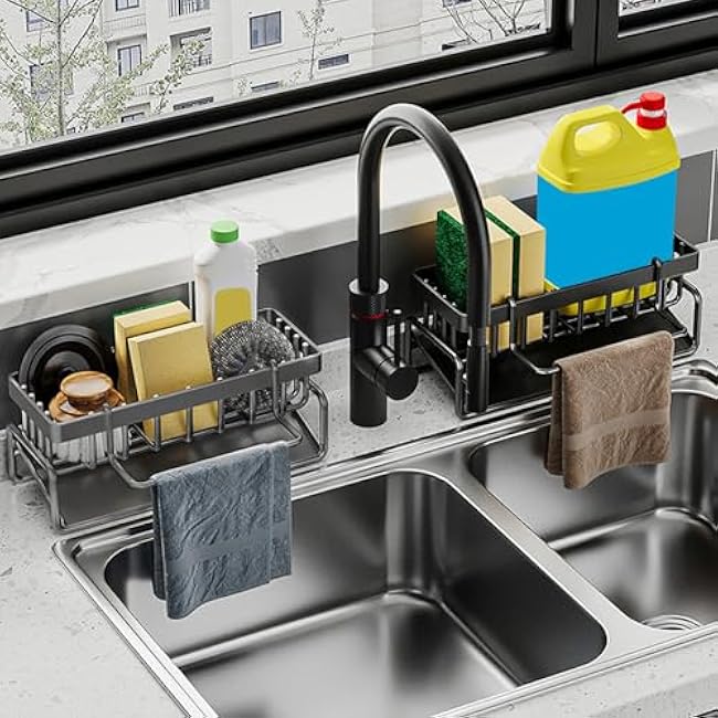 Gcroet Kitchen Sink Organiser Stainless Steel Sink Caddy with Removable Dishcloth Rack and 45¡ã Inclined Water Drip Tray Large Capacity Tidy Organiser for Bathroom Kitchen Accessories Black