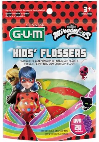 GUM Flosser Miraculous Fio Dental Infantil Com Haste Sabor Uva, Sortidas