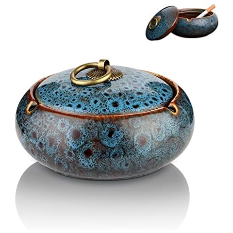 Ashtray with Lids, Ceramic Ash tray for Cigarette, Windproof Ashtray for Outdoor Indoor Use, Vintage Ashtray for Home Office Decoration, Bar, Cafe, Hotel (Blue-A) Cover